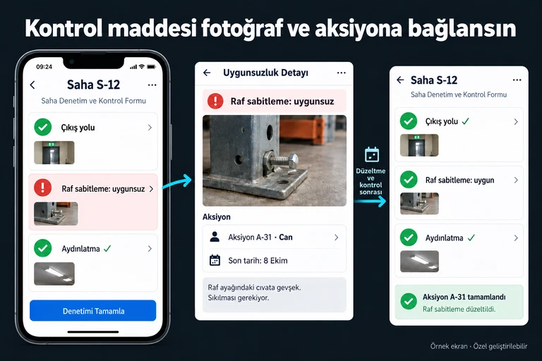 Örnek ekran: Kontrol maddesi fotoğraf ve aksiyona bağlansın. Saha S-12. Çıkış yolu ✓. Raf sabitleme: uygunsuz. Aydınlatma ✓. Aksiyon A-31 · Can. Son tarih: 8 Ekim.