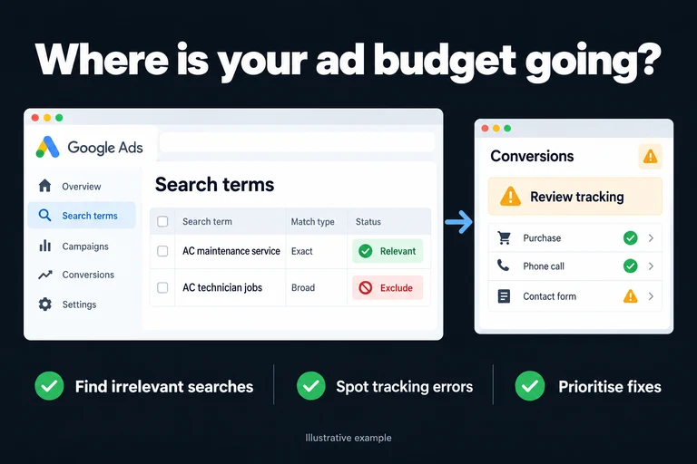 Where is your ad budget going?. Illustrative interface: AC maintenance service · AC technician jobs · Relevant · Exclude · Review tracking. Find irrelevant searches; Spot tracking errors; Prioritise fixes.