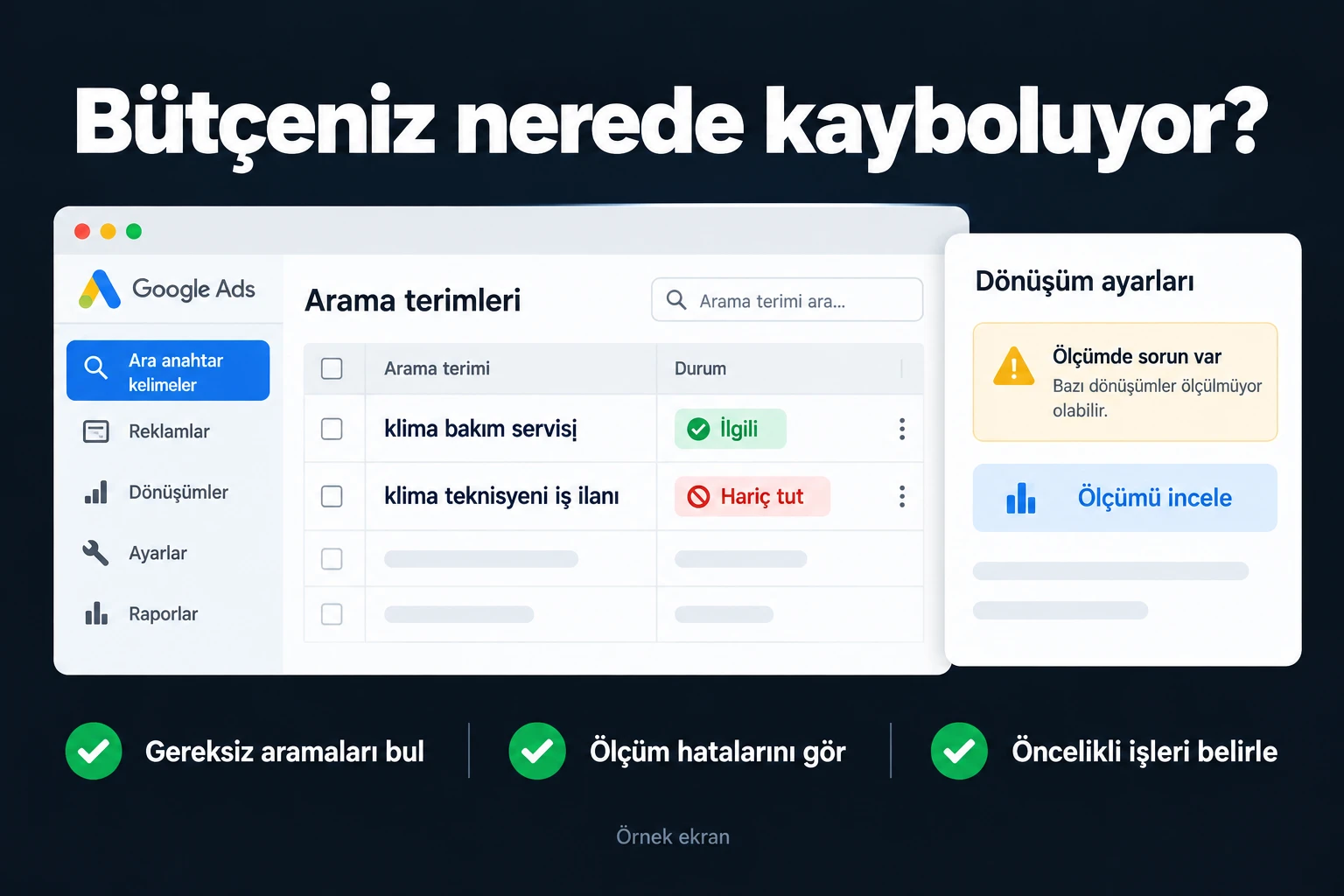 Bütçeniz nerede kayboluyor?. Örnek ekran: klima bakım servisi · klima teknisyeni iş ilanı · İlgili · Hariç tut · Ölçümü incele. Gereksiz aramaları bul; Ölçüm hatalarını gör; Öncelikli işleri belirle.