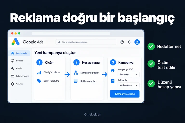 Reklama doğru bir başlangıç. Örnek ekran: Ölçüm · Hesap yapısı · Kampanya. Hedefler net; Ölçüm test edilir; Düzenli hesap yapısı.