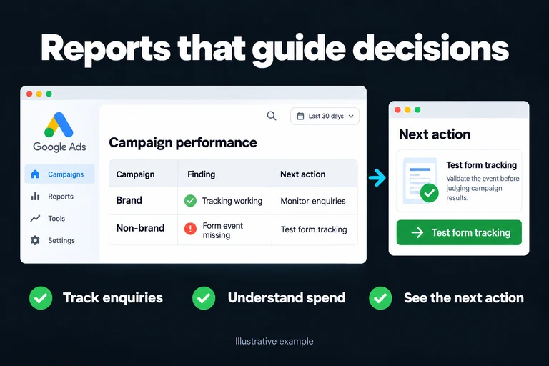 Reports that guide decisions. Illustrative interface: Brand · Non-brand · Spend · Enquiries · Next action. Track enquiries; Understand spend; See the next action.