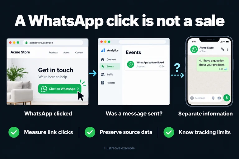 A WhatsApp click is not a sale. Illustrative interface: WhatsApp clicked · Was a message sent? · Separate information. Measure link clicks; Preserve source data; Know tracking limits.