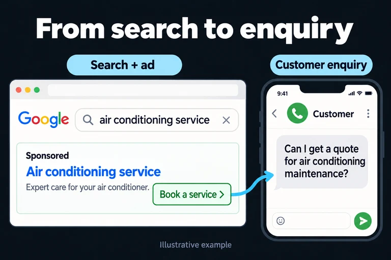 Illustrative example: someone searches for air conditioning service, sees a sponsored ad and messages the business for a maintenance quote.