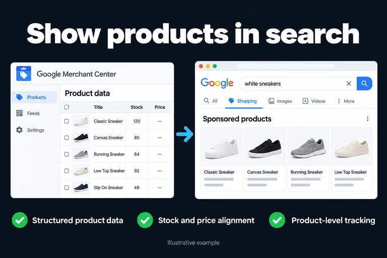 Show products in search. Illustrative interface: Product data · Title · Stock · Price · Sponsored products. Structured product data; Stock and price alignment; Product-level tracking.