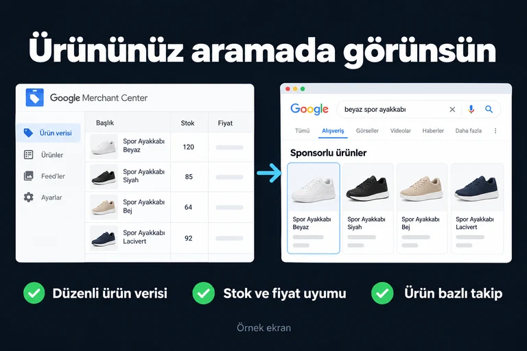 Ürününüz aramada görünsün. Örnek ekran: Ürün verisi · Başlık · Stok · Fiyat · Sponsorlu ürünler. Düzenli ürün verisi; Stok ve fiyat uyumu; Ürün bazlı takip.
