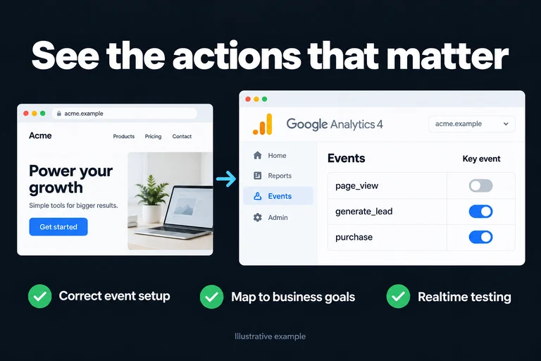 See the actions that matter. Illustrative interface: Events · Key event · page_view · generate_lead · purchase. Correct event setup; Map to business goals; Realtime testing.
