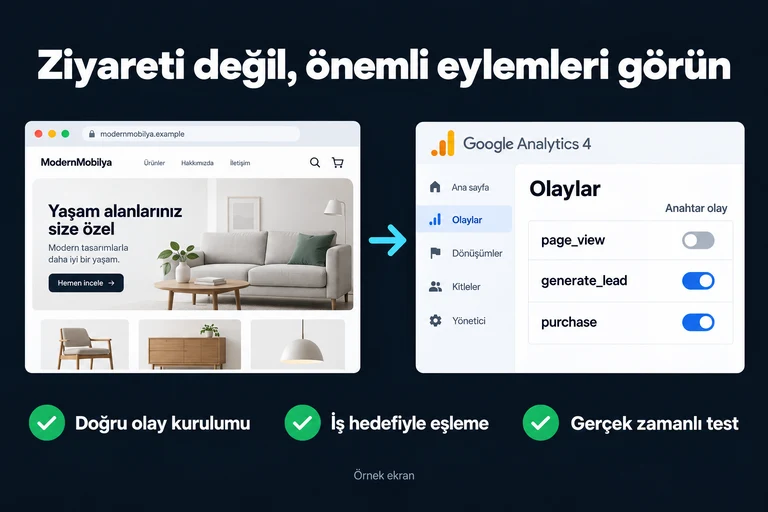 Ziyareti değil, önemli eylemleri görün. Örnek ekran: Olaylar · Anahtar olay · page_view · generate_lead · purchase. Doğru olay kurulumu; İş hedefiyle eşleme; Gerçek zamanlı test.