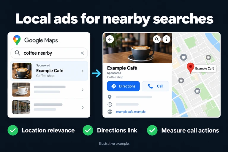 Local ads for nearby searches. Illustrative interface: coffee nearby · Sponsored · Example Café · Directions · Call. Location relevance; Directions link; Measure call actions.