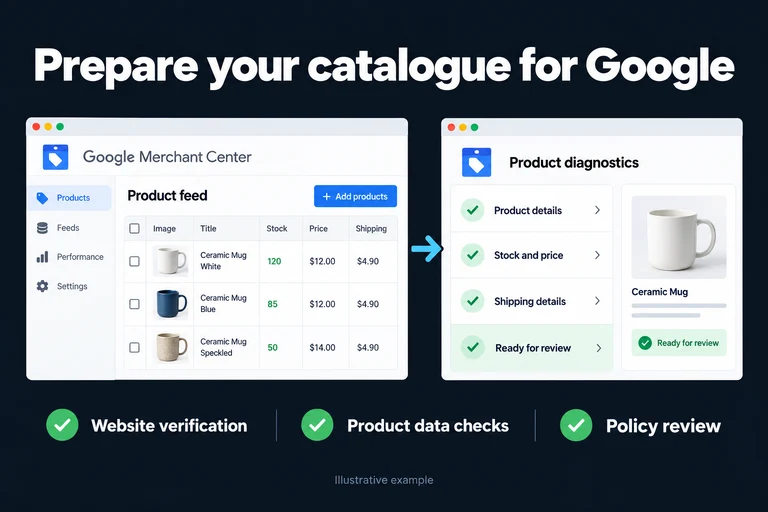 Prepare your catalogue for Google. Illustrative interface: Product details · Stock and price · Shipping details · Ready for review. Website verification; Product data checks; Policy review.