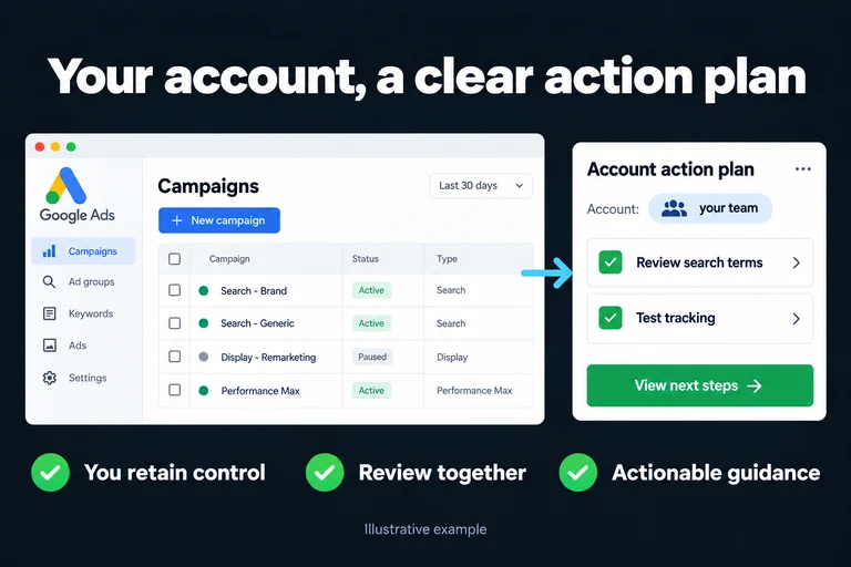 Your account, a clear action plan. Illustrative interface: Account: your team · Review search terms · Test tracking. You retain control; Review together; Actionable guidance.