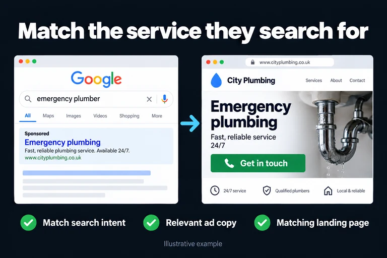 Match the service they search for. Illustrative interface: emergency plumber · Sponsored · Emergency plumbing · Get in touch. Match search intent; Relevant ad copy; Matching landing page.