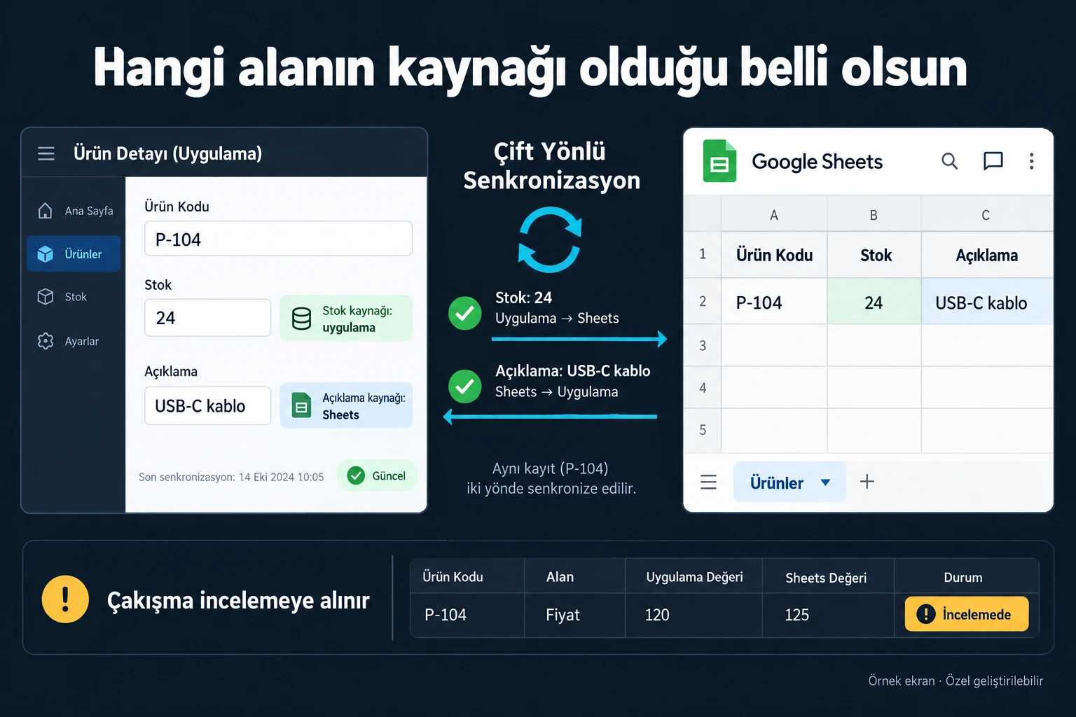 Örnek ekran: Hangi alanın kaynağı olduğu belli olsun. P-104. Stok: 24. Stok kaynağı: uygulama. Açıklama: USB-C kablo. Açıklama kaynağı: Sheets. Çakışma incelemeye alınır.