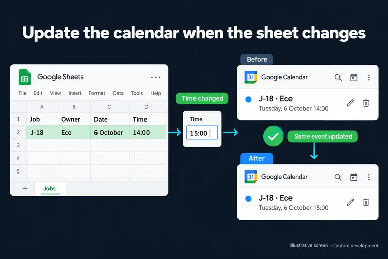 Illustrative screen: Update the calendar when the sheet changes. J-18 · Ece. 6 October 14:00. Time changed. 6 October 15:00. Same event updated.