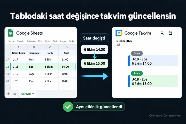 Örnek ekran: Tablodaki saat değişince takvim güncellensin. J-18 · Ece. 6 Ekim 14.00. Saat değişti. 6 Ekim 15.00. Aynı etkinlik güncellendi.