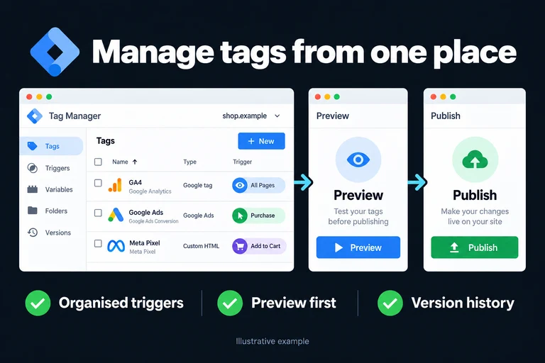Manage tags from one place. Illustrative interface: Tags · Preview · Check · Publish. Organised triggers; Preview first; Version history.
