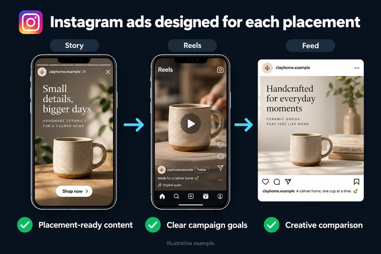 Instagram ads designed for each placement. Illustrative interface: Story • Reels • Feed. Placement-ready content; Clear campaign goals; Creative comparison.