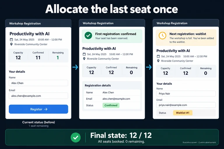 Illustrative screen: Allocate the last seat once. Capacity 12. Confirmed 11. Remaining 1. First registration: confirmed. Next registration: waitlist. Final state: 12 / 12.