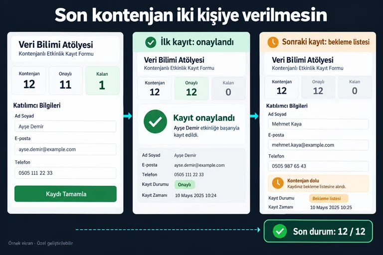 Örnek ekran: Son kontenjan iki kişiye verilmesin. Kontenjan 12. Onaylı 11. Kalan 1. İlk kayıt: onaylandı. Sonraki kayıt: bekleme listesi. Son durum: 12 / 12.