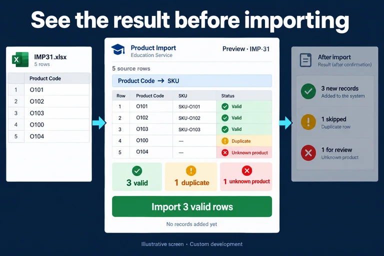 Illustrative screen: See the result before importing. Preview · IMP-31. 5 source rows. Product Code → SKU. 3 valid. 1 duplicate. 1 unknown product. Import 3 valid rows. No records added yet.