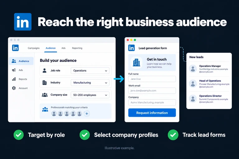 Reach the right business audience. Illustrative interface: Role: Operations | Industry: Manufacturing | Company: 50–200 employees | Request information. Target by role; Select company profiles; Track lead forms.