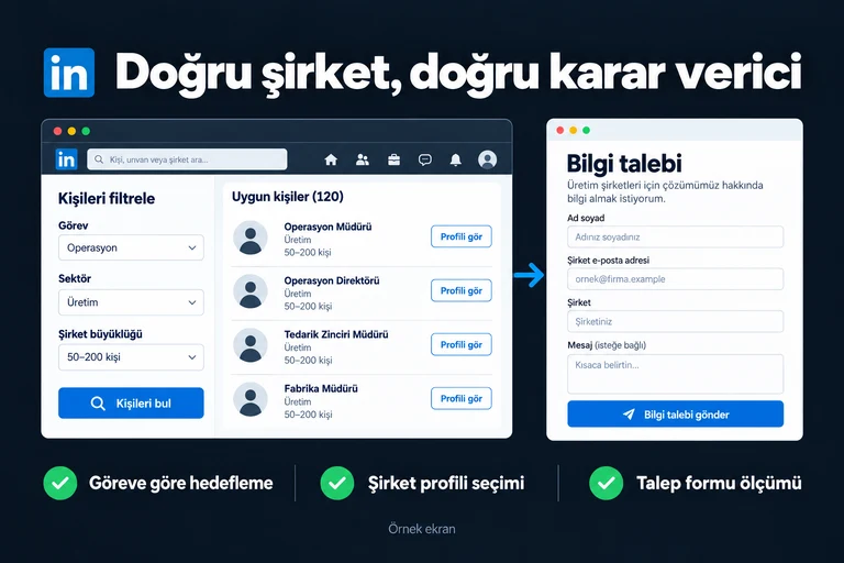 Doğru şirket, doğru karar verici. Örnek ekran: Görev: Operasyon | Sektör: Üretim | Şirket: 50–200 kişi | Bilgi talebi. Göreve göre hedefleme; Şirket profili seçimi; Talep formu ölçümü.