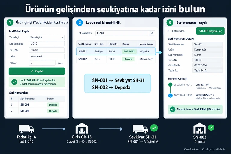 Örnek ekran: Ürünün gelişinden sevkiyatına kadar izini bulun. Lot L-240. Giriş GR-18. SN-001 → Sevkiyat SH-31. SN-002 → Depoda. SN-001 kaydını aç.