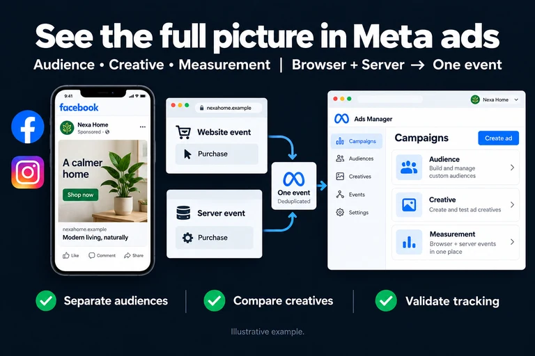 See the full picture in Meta ads. Illustrative interface: Audience • Creative • Measurement | Browser + Server → One event. Separate audiences; Compare creatives; Validate tracking.
