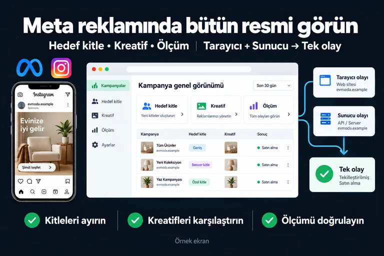 Meta reklamında bütün resmi görün. Örnek ekran: Hedef kitle • Kreatif • Ölçüm | Tarayıcı + Sunucu → Tek olay. Kitleleri ayırın; Kreatifleri karşılaştırın; Ölçümü doğrulayın.