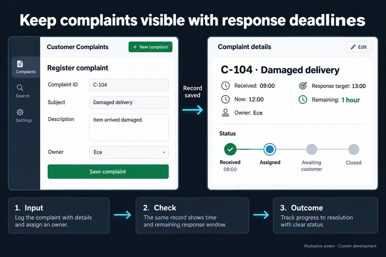 Illustrative screen: Keep complaints visible with response deadlines. C-104 · Damaged delivery. Received: 09:00. Response target: 13:00. Now: 12:00. Remaining: 1 hour. Owner: Ece.