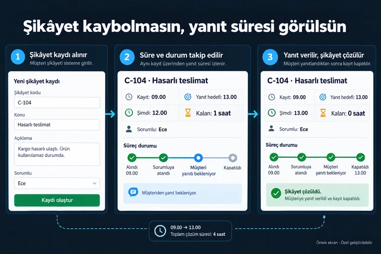 Örnek ekran: Şikâyet kaybolmasın, yanıt süresi görülsün. C-104 · Hasarlı teslimat. Kayıt: 09.00. Yanıt hedefi: 13.00. Şimdi: 12.00. Kalan: 1 saat. Sorumlu: Ece.