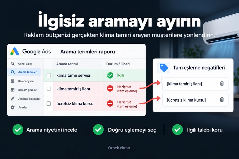 İlgisiz aramayı ayırın. Örnek ekran: klima tamir servisi · İlgili · klima tamir iş ilanı · ücretsiz klima kursu · Tam eşleme negatifleri. Arama niyetini incele; Doğru eşlemeyi seç; İlgili talebi koru.
