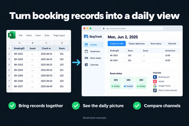 Turn booking records into a daily view. Illustrative interface: Today's arrivals | Today's departures | Room status | Channels. Bring records together; See the daily picture; Compare channels.