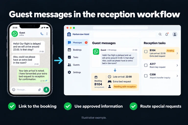 Guest messages in the reception workflow. Illustrative interface: Late arrival: 22:00 | Extra bed request | Pending with reception. Link to the booking; Use approved information; Route special requests.