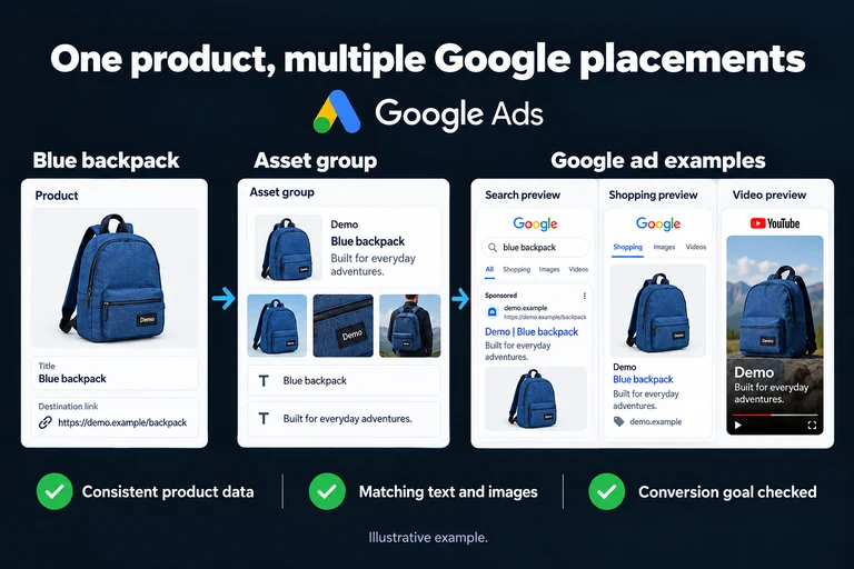 One product, multiple Google placements. Illustrative interface: Blue backpack · Asset group · Search preview · Shopping preview · Video preview. Consistent product data; Matching text and images; Conversion goal checked.