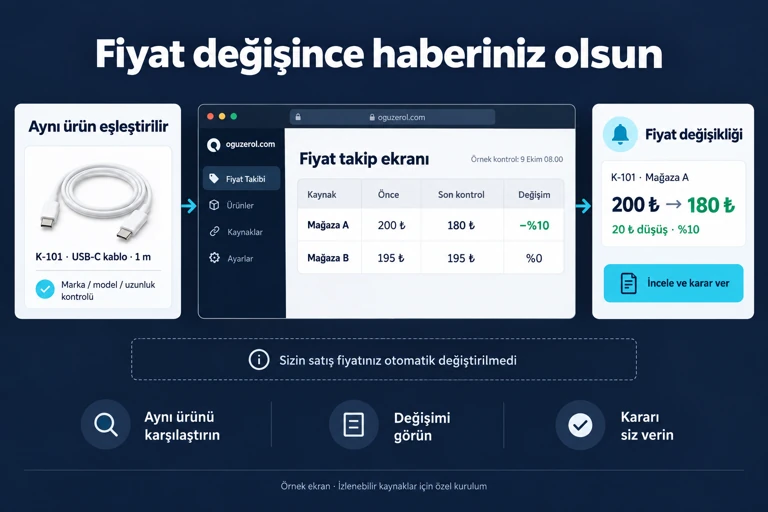 Örnek ekran: K-101 USB-C bir metre kablo için Mağaza A fiyatı 200 TL’den 180 TL’ye düşer, Mağaza B 195 TL’de kalır. Yüzde 10 düşüş bildirimi oluşur; sizin satış fiyatınız otomatik değiştirilmez.