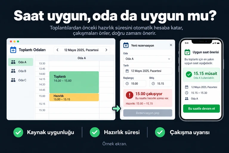Saat uygun, oda da uygun mu?. Örnek ekran: Oda A · Toplantı: 14.00–15.00 · Hazırlık: 15.00–15.15 · 15.00 çakışıyor · 15.15 müsait. Kaynak uygunluğu; Hazırlık süresi; Çakışma uyarısı.