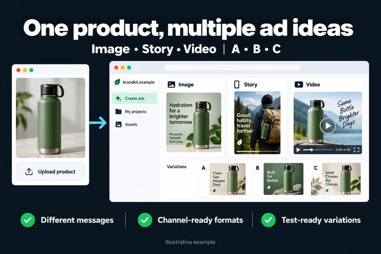 One product, multiple ad ideas. Illustrative interface: Image • Story • Video | A • B • C. Different messages; Channel-ready formats; Test-ready variations.