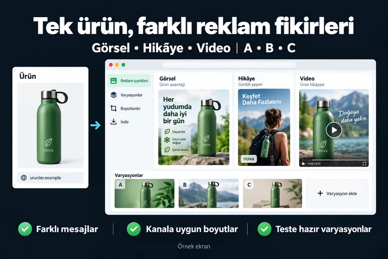 Tek ürün, farklı reklam fikirleri. Örnek ekran: Görsel • Hikâye • Video | A • B • C. Farklı mesajlar; Kanala uygun boyutlar; Teste hazır varyasyonlar.
