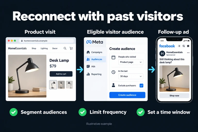 Reconnect with past visitors. Illustrative interface: Product visit · Eligible visitor audience · Follow-up ad. Segment audiences; Limit frequency; Set a time window.
