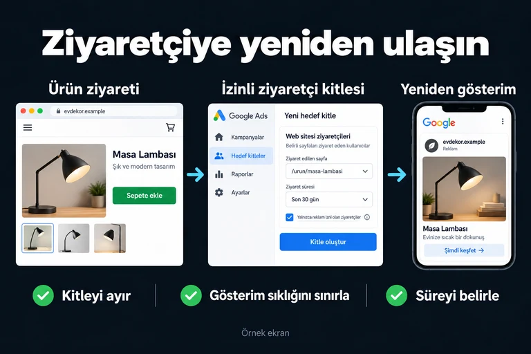 Ziyaretçiye yeniden ulaşın. Örnek ekran: Ürün ziyareti · İzinli ziyaretçi kitlesi · Yeniden gösterim. Kitleyi ayır; Gösterim sıklığını sınırla; Süreyi belirle.