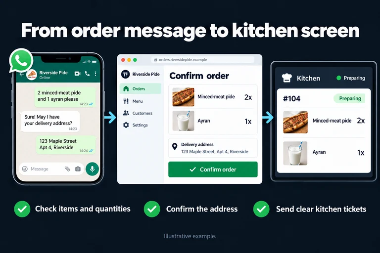 From order message to kitchen screen. Illustrative interface: 2 minced-meat pide + 1 ayran | Confirm address | Confirm order | Preparing. Check items and quantities; Confirm the address; Send clear kitchen tickets.