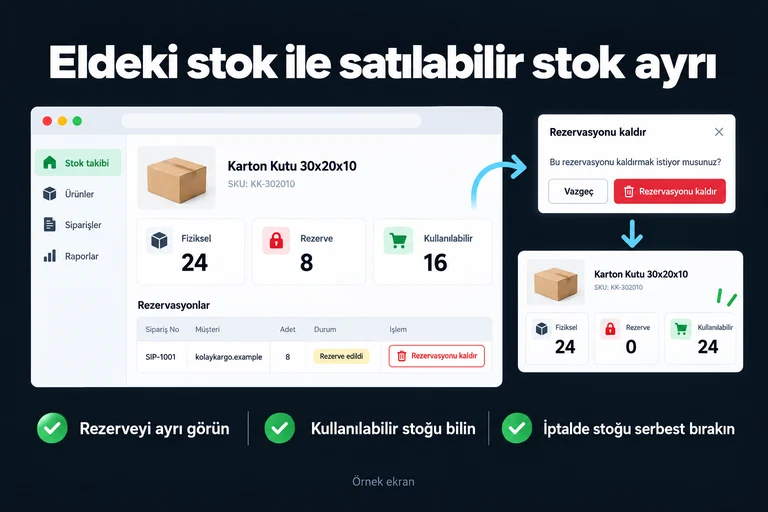 Eldeki stok ile satılabilir stok ayrı. Örnek ekran: Fiziksel: 24 | Rezerve: 8 | Kullanılabilir: 16 | Rezervasyonu kaldır. Rezerveyi ayrı görün; Kullanılabilir stoğu bilin; İptalde stoğu serbest bırakın.