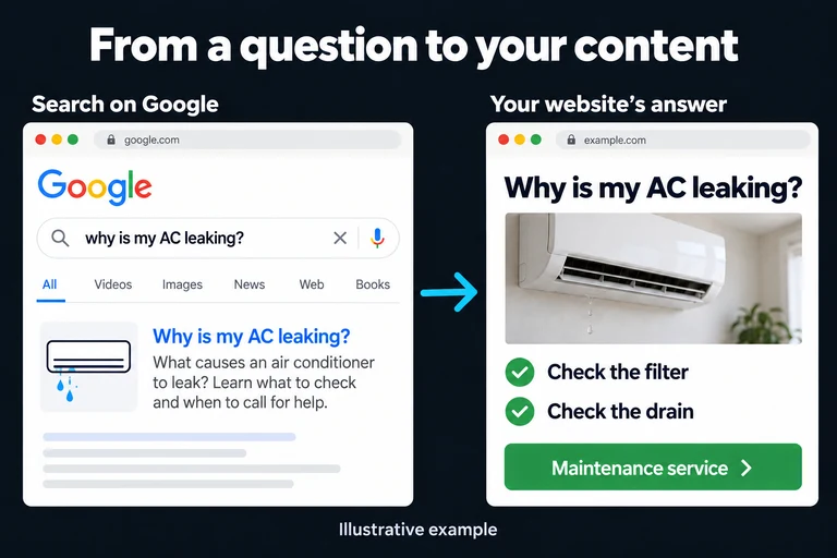 Illustrative example: a Google search for why an AC leaks leads to a business’s useful article and its maintenance service link.