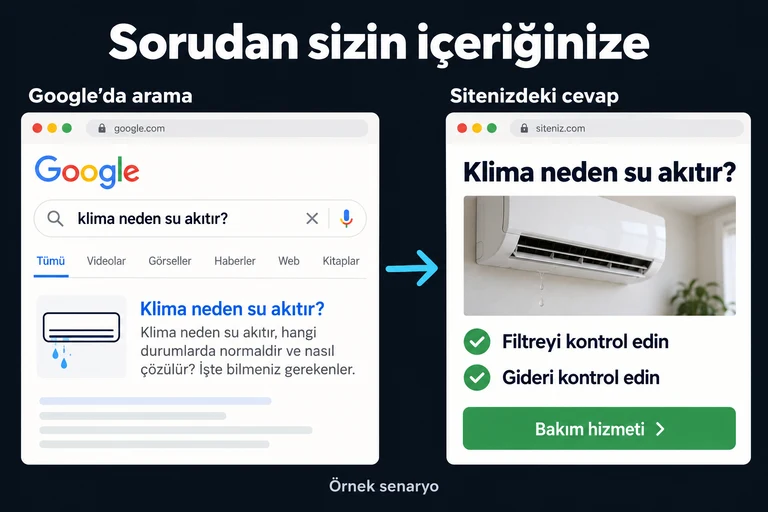 Örnek senaryo: klima neden su akıtır sorusunu Google’da arayan kişi, işletmenin bu soruyu yanıtlayan yazısına ve bakım hizmeti bağlantısına ulaşır.