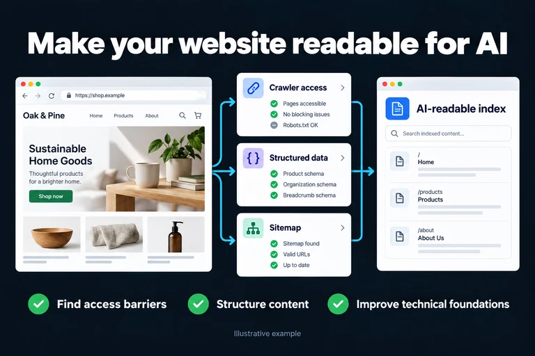 Make your website readable for AI. Illustrative interface: Crawler access | Structured data | Sitemap. Find access barriers; Structure content; Improve technical foundations.