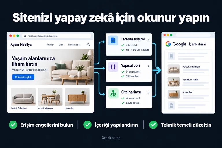 Sitenizi yapay zekâ için okunur yapın. Örnek ekran: Tarama erişimi | Yapısal veri | Site haritası. Erişim engellerini bulun; İçeriği yapılandırın; Teknik temeli düzeltin.