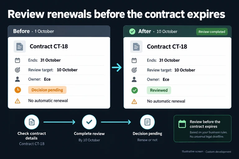 Illustrative screen: Review renewals before the contract expires. Contract CT-18. Ends: 31 October. Review target: 10 October. Owner: Ece. Decision pending. No automatic renewal.