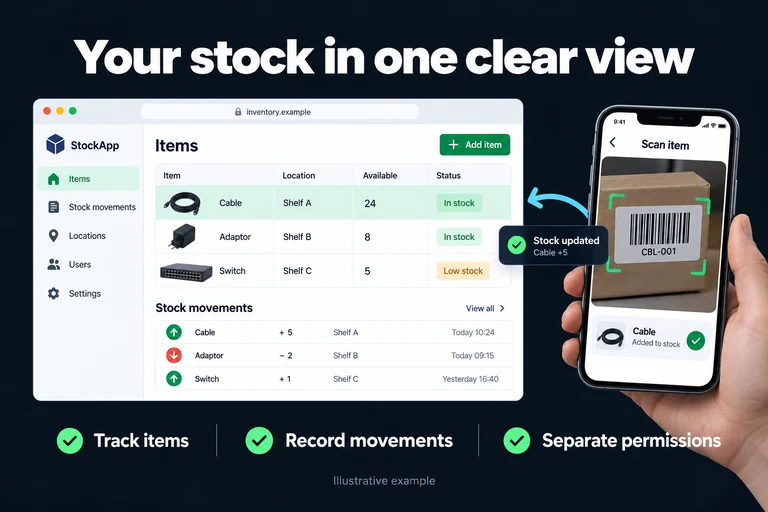 Your stock in one clear view. Illustrative interface: Item • Location • Available | Cable • Shelf A | Stock movements. Track items; Record movements; Separate permissions.