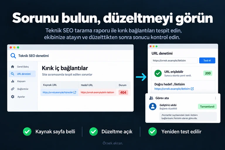 Sorunu bulun, düzeltmeyi görün. Örnek ekran: Kaynak: /hizmetler · Kırık bağlantı: /eski-iletisim · 404 · Doğru hedef: /iletisim · 200. Kaynak sayfa belli; Düzeltme açık; Yeniden test edilir.