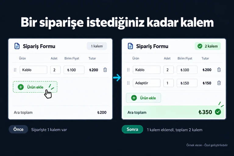 Örnek ekran: Bir siparişe istediğiniz kadar kalem. Ürün ekle. Kablo. 2 × ₺100. ₺200. Adaptör. 1 × ₺150. ₺150. Ara toplam ₺350.